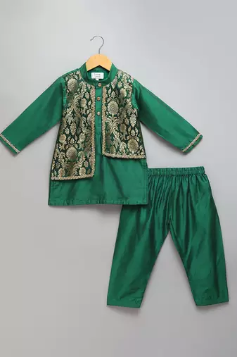 Green woven cotton silk kurta set
