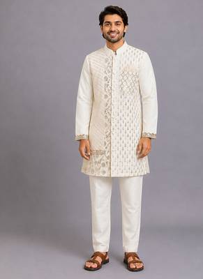 Off white woven cotton kurta set 1