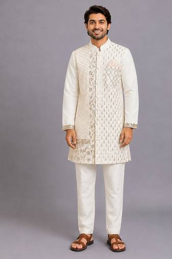 Off white woven cotton kurta set