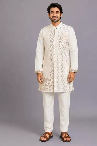 Off white woven cotton kurta set