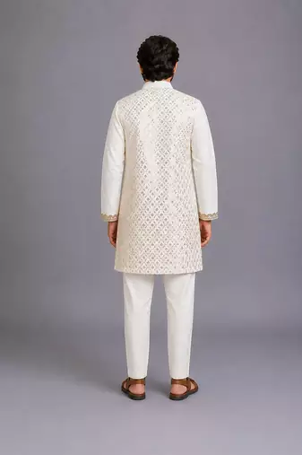 Off white woven cotton kurta set