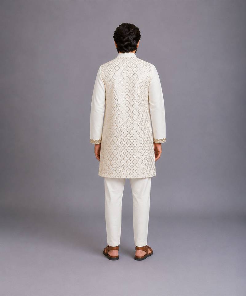 Off white woven cotton kurta set