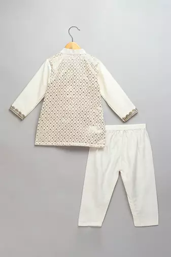 Off white woven cotton kurta set
