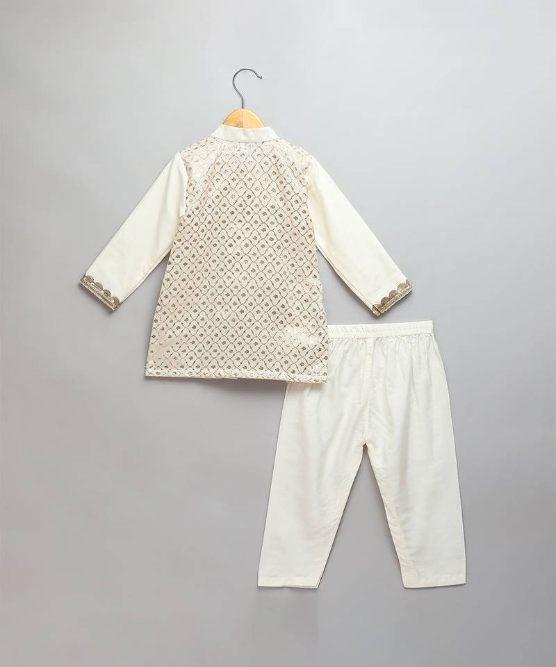 Off white woven cotton kurta set