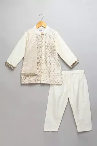 Off white woven cotton kurta set