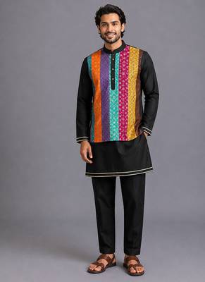 Black printed cotton silk kurta set 1