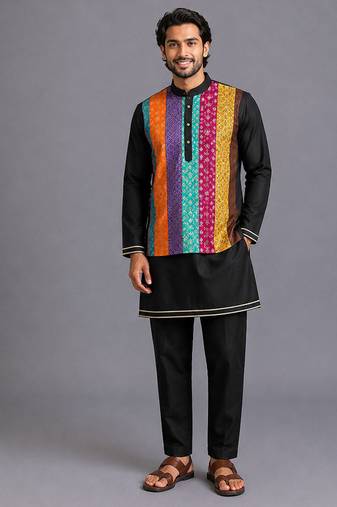Black printed cotton silk kurta set