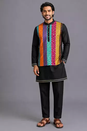 Black printed cotton silk kurta set