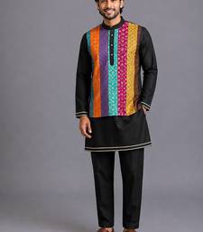 Black printed cotton silk kurta set