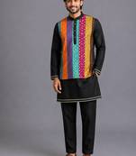 Black printed cotton silk kurta set