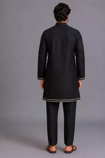 Black printed cotton silk kurta set