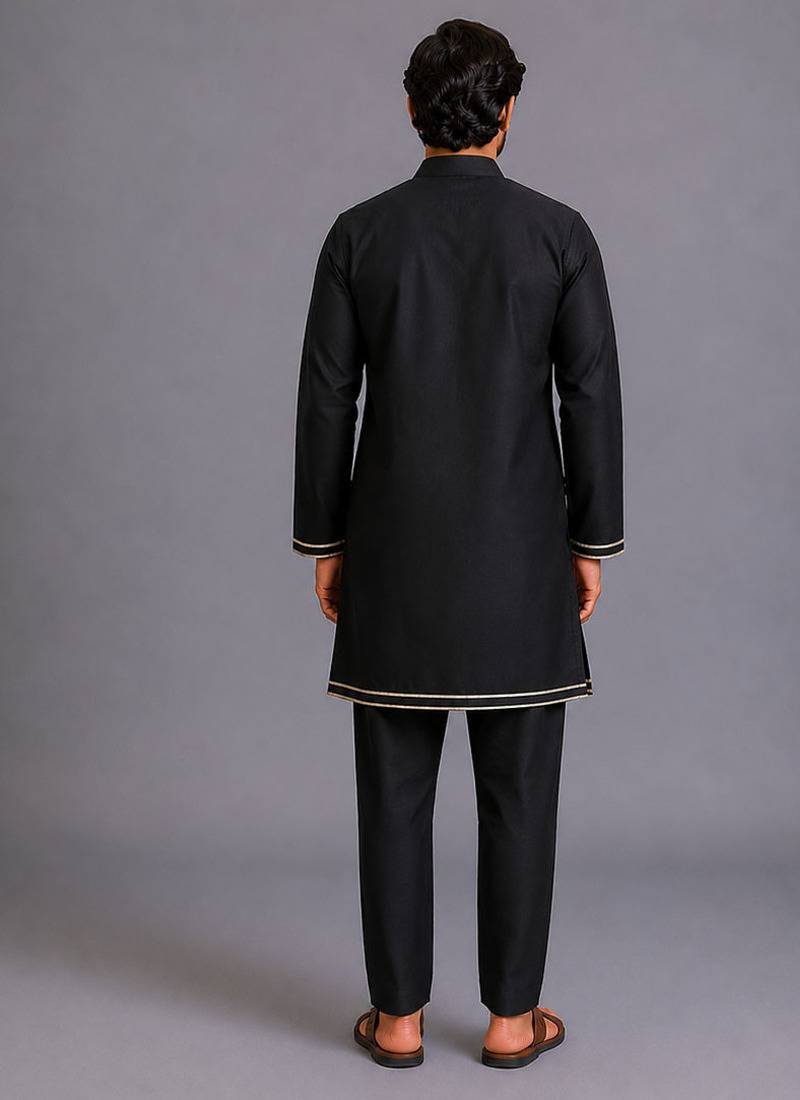 Black printed cotton silk kurta set