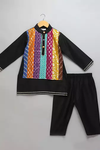 Black printed cotton silk kurta set