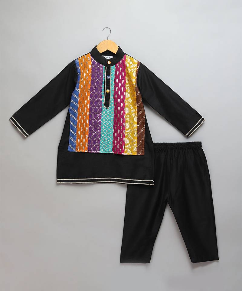Black printed cotton silk kurta set