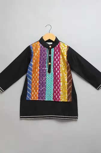 Black printed cotton silk kurta set