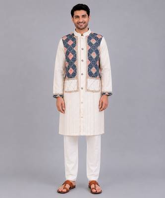 Off white printed cotton silk kurta set 1