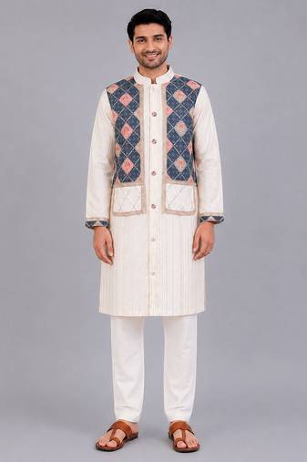 Off white printed cotton silk kurta set