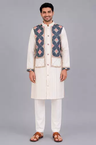 Off white printed cotton silk kurta set