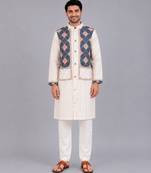 Off white printed cotton silk kurta set