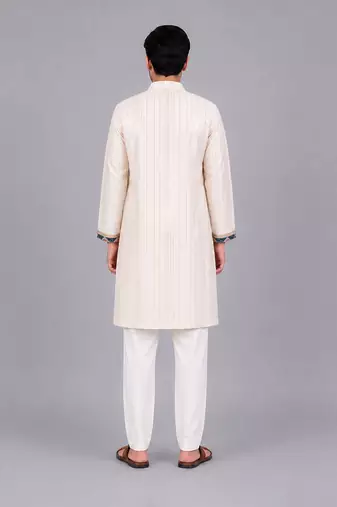 Off white printed cotton silk kurta set