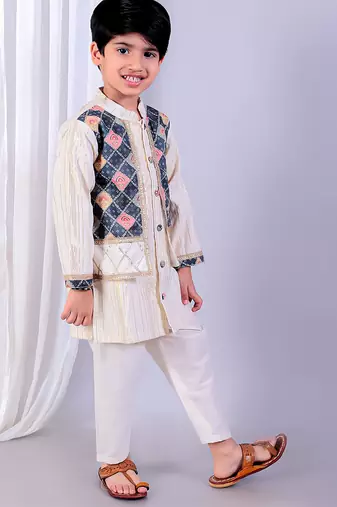 Off white printed cotton silk kurta set
