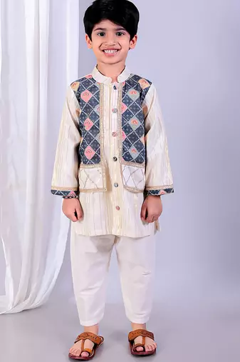 Off white printed cotton silk kurta set