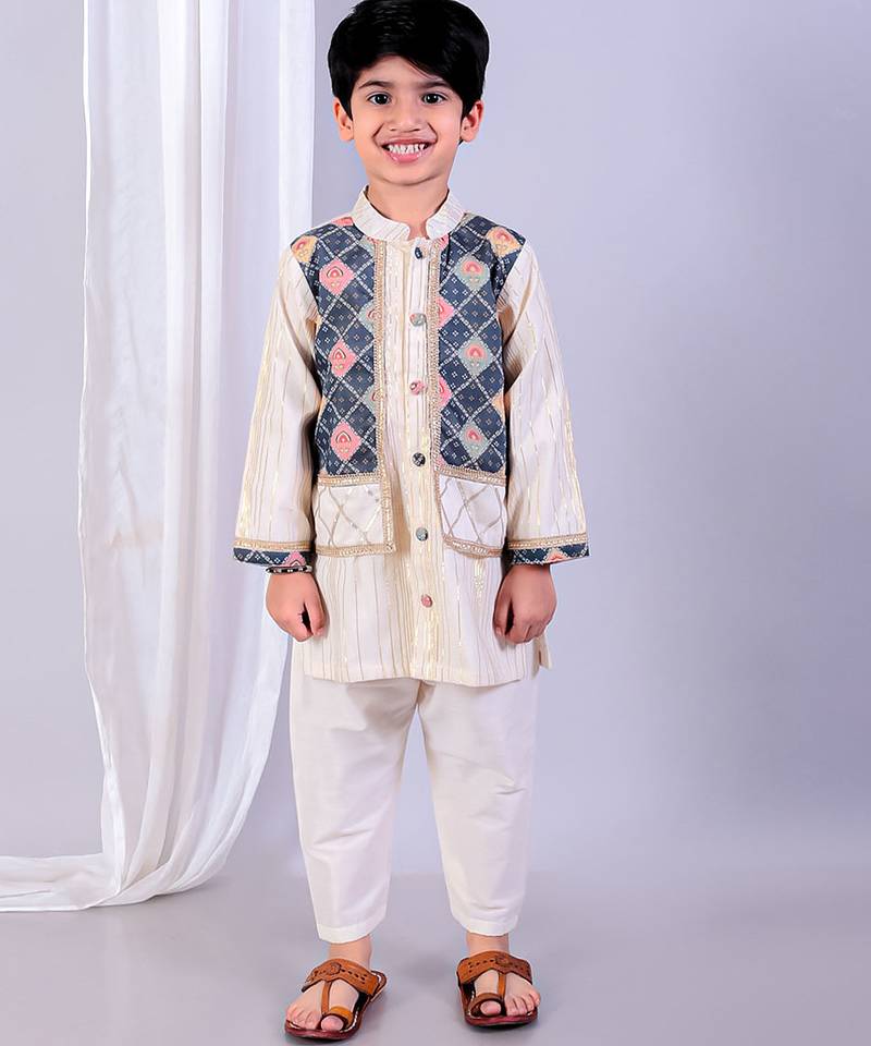 Off white printed cotton silk kurta set