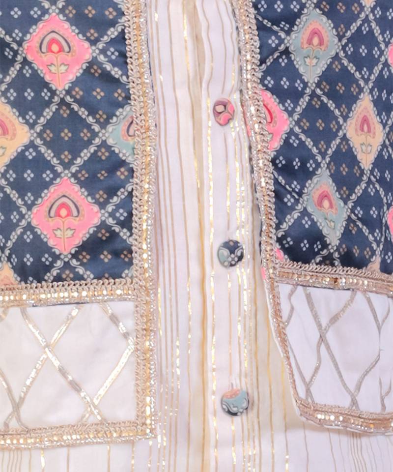 Off white printed cotton silk kurta set