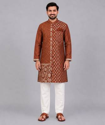 Brown woven cotton silk kurta set 1