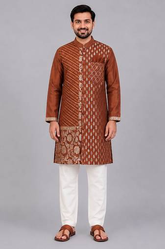 Brown woven cotton silk kurta set
