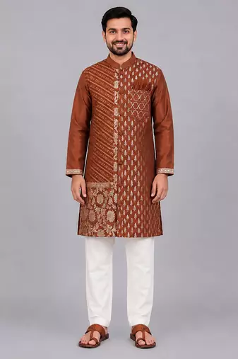 Brown woven cotton silk kurta set