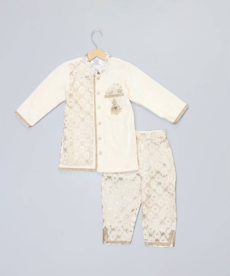 Off white embroidered velvet kurta set