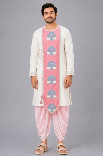 Off white printed cotton dhoti kurta set