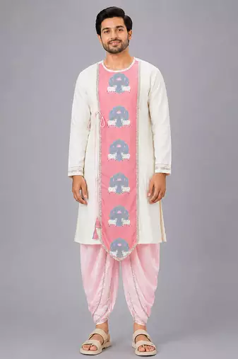 Off white printed cotton dhoti kurta set