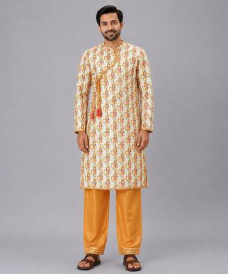 Off white printed cotton kurta set 1