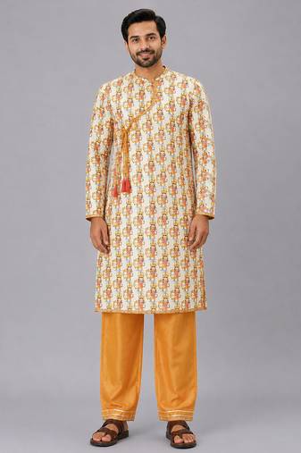 Off white printed cotton kurta set