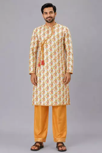 Off white printed cotton kurta set