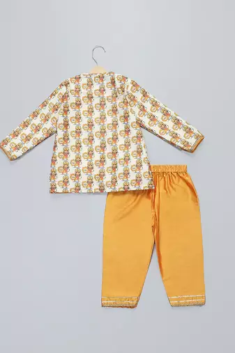 Off white printed cotton kurta set