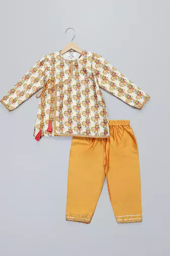 Off white printed cotton kurta set
