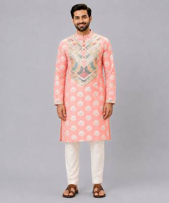 Peach embroidered cotton kurta set 1