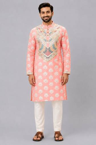 Peach embroidered cotton kurta set
