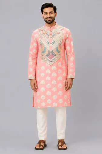 Peach embroidered cotton kurta set