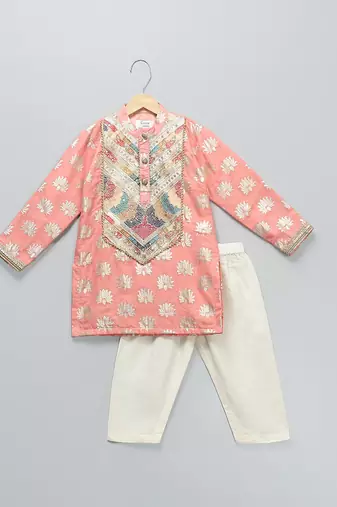 Peach embroidered cotton kurta set