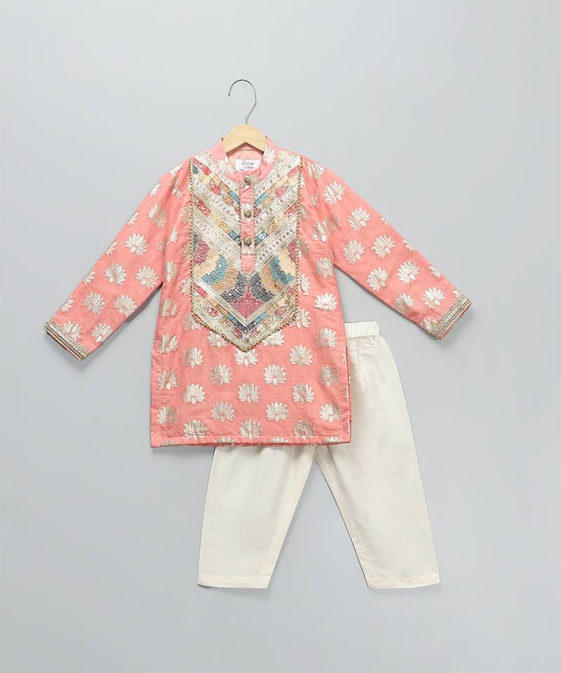 Peach embroidered cotton kurta set