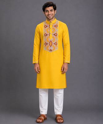 Mustard yellow embroidered cotton silk kurta set 1