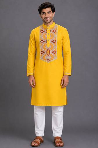 Mustard yellow embroidered cotton silk kurta set