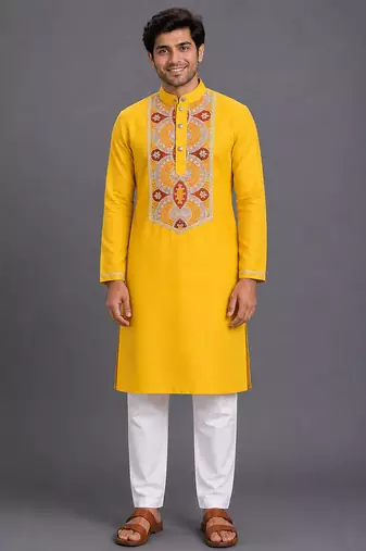 Mustard yellow embroidered cotton silk kurta set