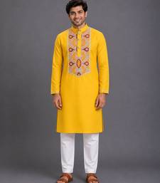 Mustard yellow embroidered cotton silk kurta set