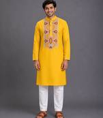 Mustard yellow embroidered cotton silk kurta set