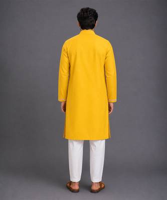 Mustard yellow embroidered cotton silk kurta set 2